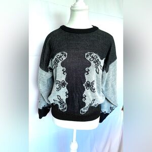 Vintage 90s Women’s Medium Sailor Coastal Knit Black Grey Sweater Cosby Retro‎